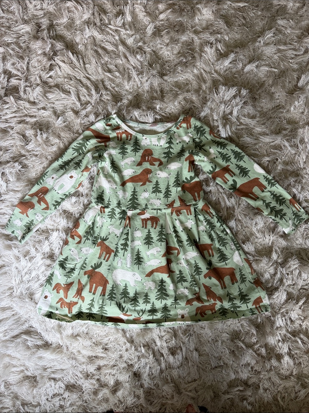 Girls' Green Woodland Animal Long-Sleeve Dress